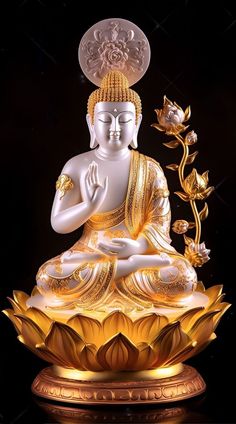 a buddha statue sitting on top of a golden flower