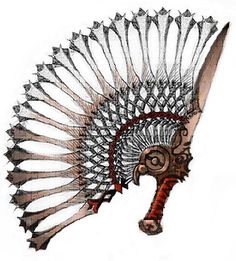 an artistic drawing of a headdress made out of wire and metal mesh with a knife sticking out of it