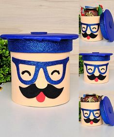 three different images of a blue and white container with a face painted on it