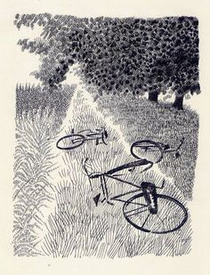 two bicycles parked on the side of a dirt road next to a field with trees