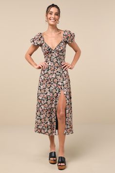 Be the cottage cutie you've been dreaming to be thanks to the Lulus Meadow Muse Black Floral Tie-Back Puff Sleeve Midi Dress! Lightweight woven fabric, decorated with a vintage-inspired floral print, shapes a lightly gathered triangle bodice, a sweetheart neckline accented with crocheted ladder lace, and short puff sleeves with elastic at the shoulders and cuffs. Two sets of tying straps secure atop an open back. A high, empire waist tops an A-line skirt that falls to a midi hem with a flirty si Vintage Midi Dress With Floral Print And Fitted Bodice, Vintage Floral Print Midi Dress With Square Neck, Vintage Floral Print Square Neck Midi Dress, Vintage Floral Print Dress For Brunch, Cottagecore Fitted Midi Dress With Square Neck, Fitted V-neck Cottagecore Dresses, Cottagecore Floral Print Midi Dress, Cottagecore Midi Dress With Ditsy Floral Print, Vintage Spring Midi Dress For Brunch