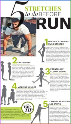 the 5 stretches to do before you run poster is shown in black and white, with green