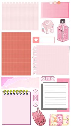 a variety of stationery items including notebooks, papers and stickers on a white background