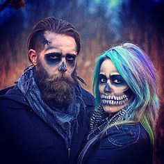 Halloween Skull Makeup rainbow hair scary Sarah Starnes and Adam Vukelich beard Diy Beard Costume, Halloween Men Beard, Beard Halloween Costumes, Beard Makeup, Halloween Beard, Beard Costume, Halloween Make-up Looks, Scary Skull, Image Halloween