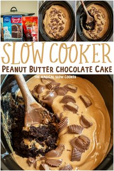 the recipe for slow cooker peanut butter chocolate cake is ready to be eaten and served