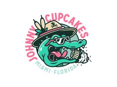 the logo for down cupcakes, which features an alligator wearing a hat and sunglasses