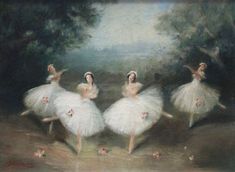 three ballerinas in white tutus are dancing