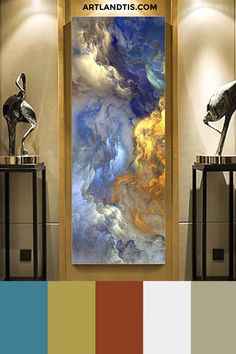 an abstract painting on display in a room with two sculptures and a color palette swat list