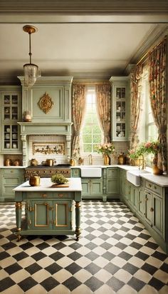 a kitchen with checkered flooring and green cabinetry is pictured in this image