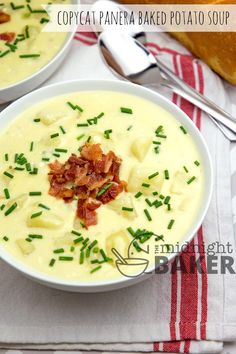 two bowls of potato soup with bacon on top