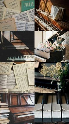 an old piano with music sheets and flowers on it