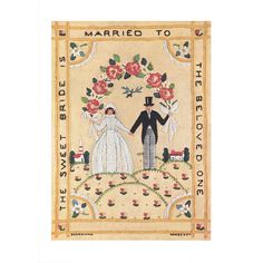 a cross stitch pattern with a man and woman in wedding attire holding hands, surrounded by roses