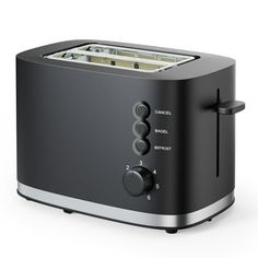 the toaster is black and has two slices of bread in it's slots