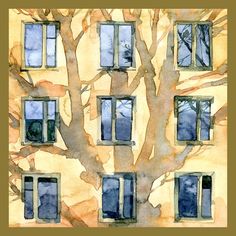 a painting of a tree in front of a yellow building with six windows and no leaves