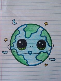 a drawing of the earth with eyes and stars on it's side, in a notebook