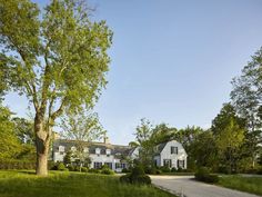 a large white house sitting in the middle of a lush green field next to a tree