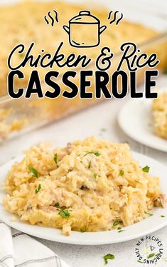 chicken and rice casserole on a white plate with the title text overlay