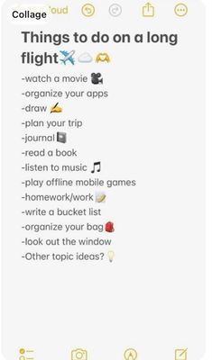 an iphone screen with the text things to do on a long flight and other words