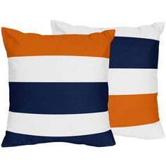 two orange and blue striped pillows sitting on top of each other