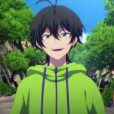 an anime character with black hair and green hoodie looking at the camera while standing in front of trees