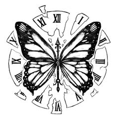 a black and white drawing of a butterfly with roman numerals on it's wings