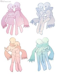 four different colored drawings of people hugging each other