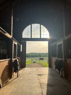 two cows are standing in an enclosed area with sunlight coming through the windows and doors