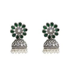 The Sudha earrings are an absolute showstopper, with her enchanting and intricate sliver detail held together with a emerald gemstone flower and a singular bell centerpiece. Her delicate sliver threads reminiscent of the moon showers are finished with ornate silver  bells that carry delicate premium pearls. Metal used is copper base and its silver dipped, white beads, pearls and crystal stones.  Precious - semi precious metals and natural stones can be preserved for many years with simple care. Protect each unique piece of jewelry by removing it when swimming, showering, exercising or applying cosmetics to minimise the natural oxidation process. As a precautionary measure, we suggest minimizing jewelry from being in close contact with each other to avoid unwanted scratches and marks.   Sto Bell Centerpiece, Silver Bells, Crystal Stones, Green Earrings, Jewelry Stand, Emerald Gemstone, Grey Green, White Beads, Black Grey