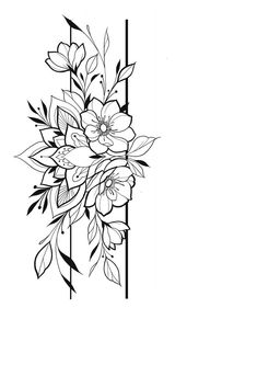 a black and white drawing of flowers on the side of a tall column with vertical lines