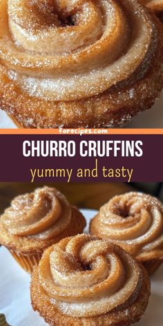 two different types of churro crufffins on a plate with the words yummy and tasty