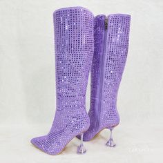 New In Box Faux Suede Upper Covered In Bling Mirror Tile Rhinestones Tinted 4" Translucent Spool Heels For More Stability Full Side Zipper For Easy On And Off Top Opening Measures Approx. 15" Shaft Measures Approx. 14.5" Elegant Purple Party Boots, Party Boots With Rhinestone Rivets, Glamorous Rhinestone Cocktail Boots, Purple Rhinestone Pointed Toe Heels, Silver Rhinestone Boots For Party Season, High Heel Rhinestone Boots For Cocktail, Cocktail High Heel Boots With Rhinestones, Bling Mirror, Spool Heels