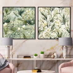 there are two paintings on the wall in this living room, one is green and the other is white