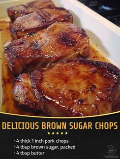 there are four pieces of cooked meat in a box on the counter top with instructions for how to make delicious brown sugar chops