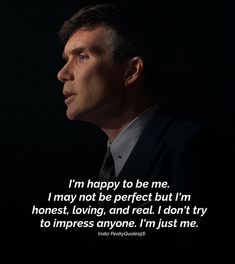 a man in a suit and tie looking off into the distance with a quote on it