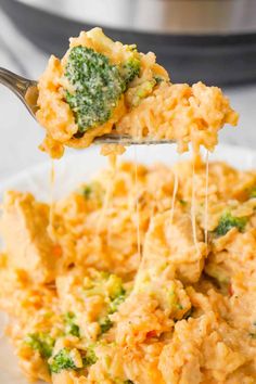 broccoli and cheese casserole being lifted from a white plate with a fork