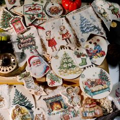 some christmas themed plates and decorations on a table