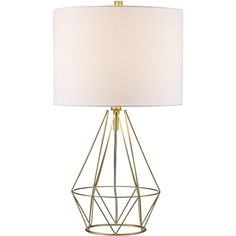 a table lamp with a white shade on the base and a gold metal cage around it