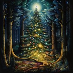 a painting of a christmas tree in the woods