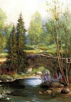 a painting of a bridge over a river with wildflowers and trees around it