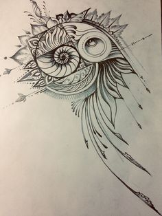 a drawing of an owl with feathers on it's head and eyeballs in the background