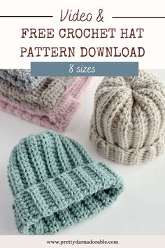 three crochet hats with text that reads video and free crochet hat pattern