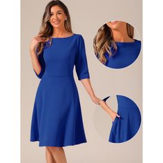 This formal dress, with its unique and sophisticated a-line hem style, adds to your selection for the next season with its timeless classic design. This vintage style features a lovely boat neckline, a fitted silhouette, and flared semi-swing skirts that tighten and accentuate curves, making it a figure-flattering piece. The breathable and well-made cloth that elongates your legs and draws attention to your waist. An urban trendy exquisite business lady style can be created by pairing it with hi Classic Blue A-line Midi Dress, Classic Blue A-line Dress, Formal A-line Dress In Solid Color, Formal A-line Solid Color Dresses, Solid A-line Dresses, Plain A-line Dresses, Blue A-line Midi Dress With Flattering Silhouette, Plain Fitted A-line Dress, Blue A-line Dresses For The Office