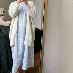 Both Are Size M. Baby Blue Long Dress, It’s Very Adorable. The Dress Is From Korea And The Cardigan Is From Zara. Both Are New, Never Worn. Baby Blue Long Dress, Cardigan Outfit Dress, Fitted Denim Dress, Blush Midi Dress, Blue Long Dress, Zara Printed Dress, Zara Midi Dress, Ireland Trip, Cable Knit Sweater Dress