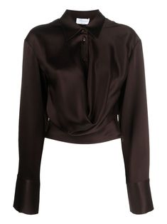 Find BLUMARINE Satin Buttoned Cropped Shirt on Editorialist. chocolate brown stretch-design satin finish draped detailing pointed flat collar front button fastening buttoned-cuff sleeves cropped Court Outfit, Satin Shirts, Winter Capsule Wardrobe, Brown Satin, Model Outfits, Cropped Shirt, Causual Outfits, Satin Shirt, Elegant Shirt