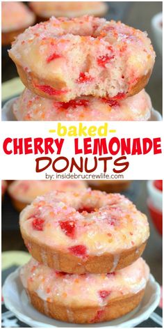 baked cherry lemonade donuts stacked on top of each other with the title above it