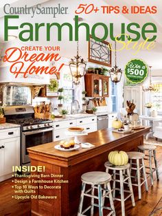 the front cover of country sample magazine featuring an open kitchen and dining room with white cabinets