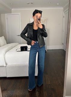 Style A Black Leather Jacket, Outfit Inspo Fall Petite, Petite Figure Aesthetic, Best Jackets For Petite Women, Leather Jacket Fall Outfit Women, Jeans And Leather Jacket, Women’s Leather Jacket Outfit 2023, Black Jeans Women Outfit, Petite Leather Jacket