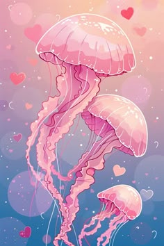 two pink jellyfishs floating in the ocean with hearts on their backs and one is holding