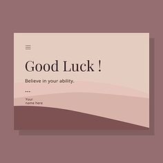 a business card with the words good luck in black and white on it, against a pink background