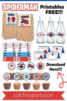 printable spiderman party supplies including cupcakes, candy wrappers and more